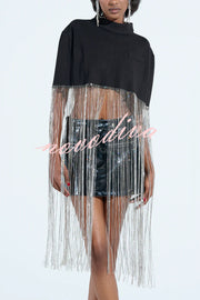 New Level Shiny Tassel Stand Neck Crop Cape Blouse