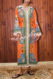 Linen Blend Unique Print Tie-waist Casual Maxi Dress