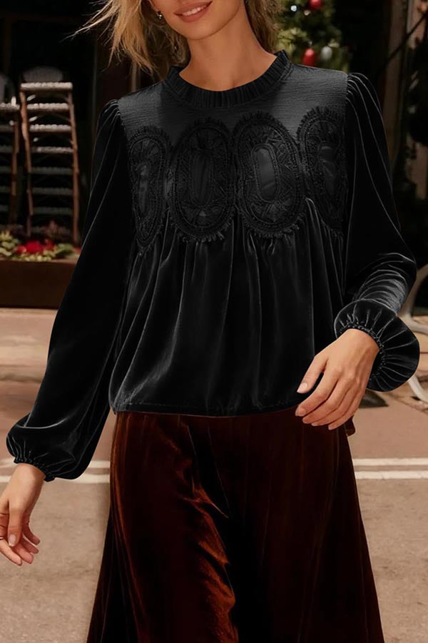 Fashionable Velvet and Lace Patchwork Loose Long-sleeved Top