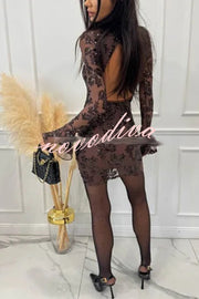 Deep and Dazzling Floral Texture Sequin Long Bell Sleeve Open Back Mini Dress