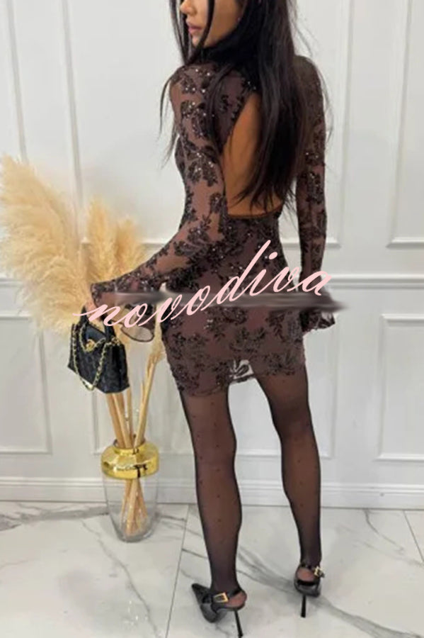 Deep and Dazzling Floral Texture Sequin Long Bell Sleeve Open Back Mini Dress