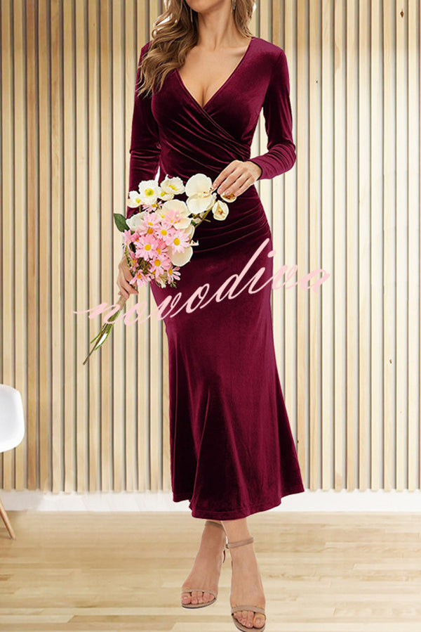 Solid Color Velvet Long Sleeve V-neck Slim Fit Fishtail Maxi Dress