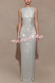 Holiday Nights Sequin Boat Neck Sleeveless Slit Maxi Dress