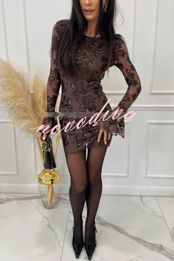 Deep and Dazzling Floral Texture Sequin Long Bell Sleeve Open Back Mini Dress