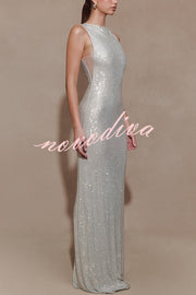 Holiday Nights Sequin Boat Neck Sleeveless Slit Maxi Dress