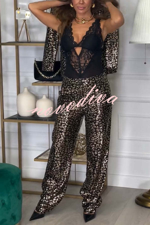 Mona Leopard Metallic Fabric Lapel Boyfriend Blazer and Elastic Waist Pocketed Loose Pants Set