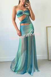 Soleil Mesh Printed Starfish Pendant Ruched Cutout Off Shoulder Maxi Dress