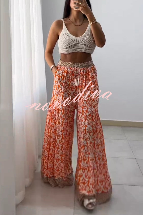 Unique Print Elastic High Waist Tie Pocket Wide Leg Pants