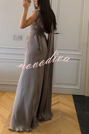 Solid Color Satin Sleeveless Waist Elegant Pleated Ribbon Maxi Dress