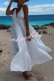 Bohemian Style V-neck Backless Slip Layered Vacation Maxi Dress