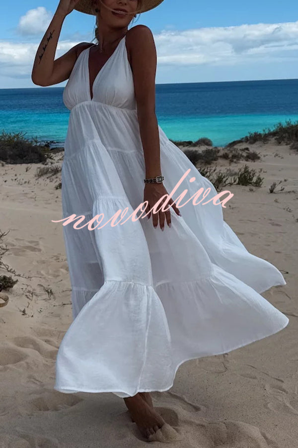 Bohemian Style V-neck Backless Slip Layered Vacation Maxi Dress