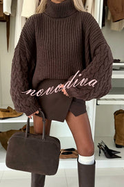 Stylish and Comfortable Ribbed Knit Turtleneck Cable Sleeve Loose Sweater