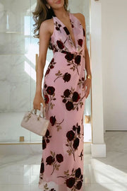 Rose Secret Printed Cowl Neck Halter Backless Maxi Dress