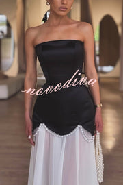 Jiya Satin Petal Hem Pearl Detail Chiffon Cape Strapless Maxi Dress