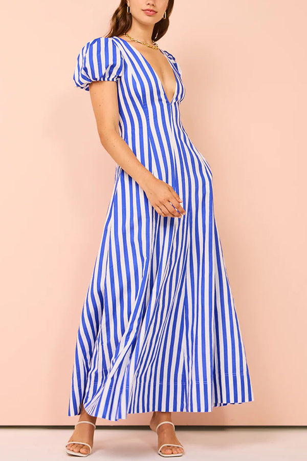 Indulge in Timeless Striped Print Puff Sleeve Pocketed Wavy Maxi Dress