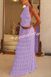 Versatility and Vintage Charm Pleated Drawstring Waist Tiered Maxi Skirt