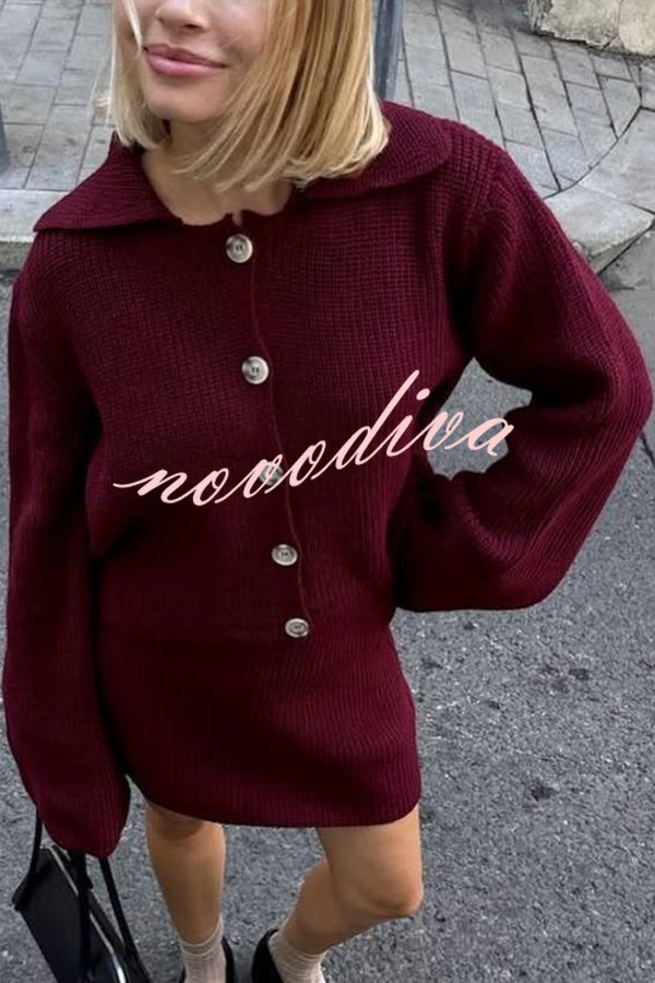 Fashion Lapel Bell Sleeve Knitted Cardigan and Casual Mini Skirt Set
