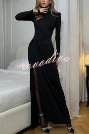 Luxe Silhouette High Neck Shoulder Pads Drape Stretch Maxi Dress