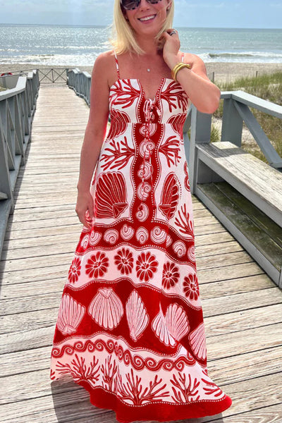 Beautiful Shell Unique Print Front Lace-up Loose  Maxi Dress