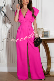 Solid Color V-neck Waist Casual Wide-leg Jumpsuit