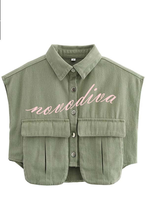 Stylish Weekend Denim Button Up Cape Sleeve Pocket Crop Top
