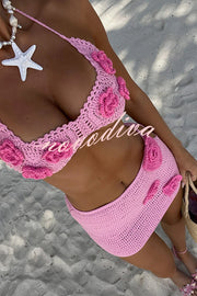 Fashion Crochet Floral Sexy Halter Top and Knit Hollow Mini Skirt Set