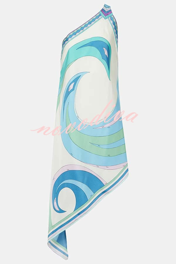 On Island Satin Unique Print One Shoulder Irregular Hem Vacation Midi Dress