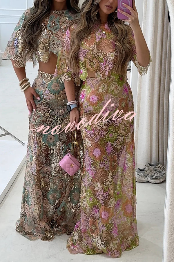 Fashionable Embroidered Flower Sequined Crop Top and Elegant Sheer Maxi Skirt Set