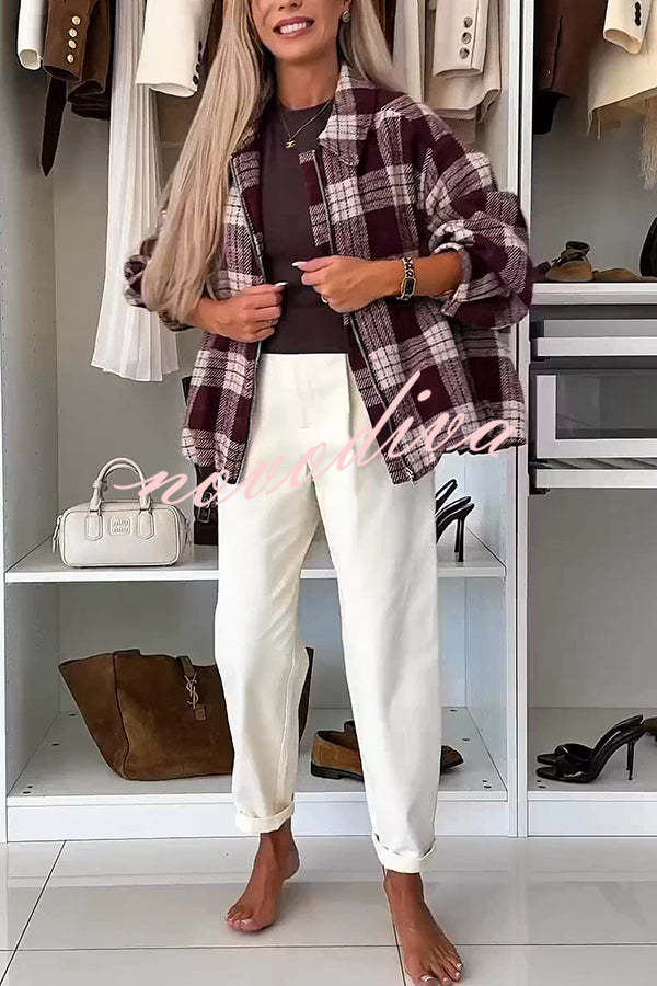 Fashion Plaid Print Lapel Long Sleeve Loose Zipper Jacket