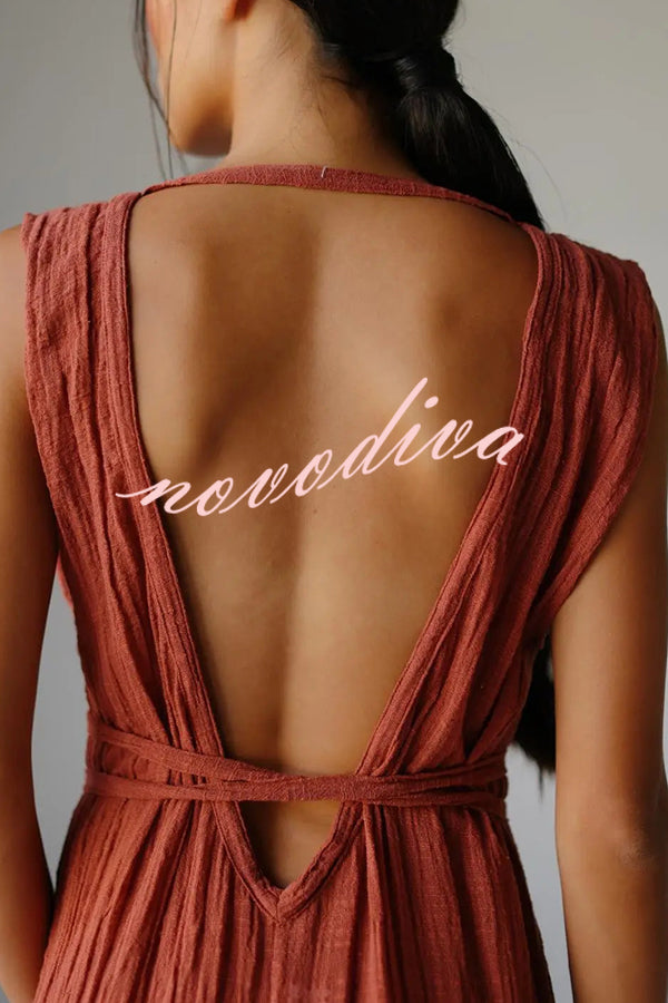 Resort Style V-neck Tie Pleated Casual Jumpsuit