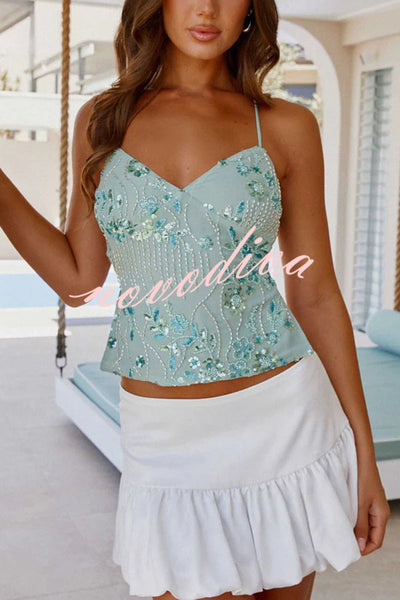 Dazzling Sequin Beaded Material Back Lace-up Loose Tank