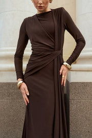 Solid Color Knit Long-sleeved Knotted Slim-fit Maxi Dress