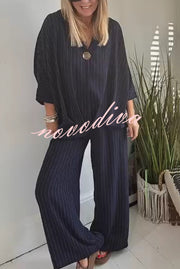 Fashion Striped Print Lapel Loose Top and Elastic Waist Casual Wide-leg Pants Set