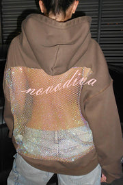 Fashionable Shiny Mesh Hollow Back Loose Long-sleeved Hooded Sweatshirt