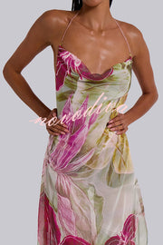 Floral Print Sexy Backless Slit See-Through Holiday Maxi Dress