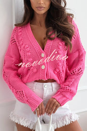 Fashion Hollow Long Sleeve V-neck Button Loose Knitted Cardigan