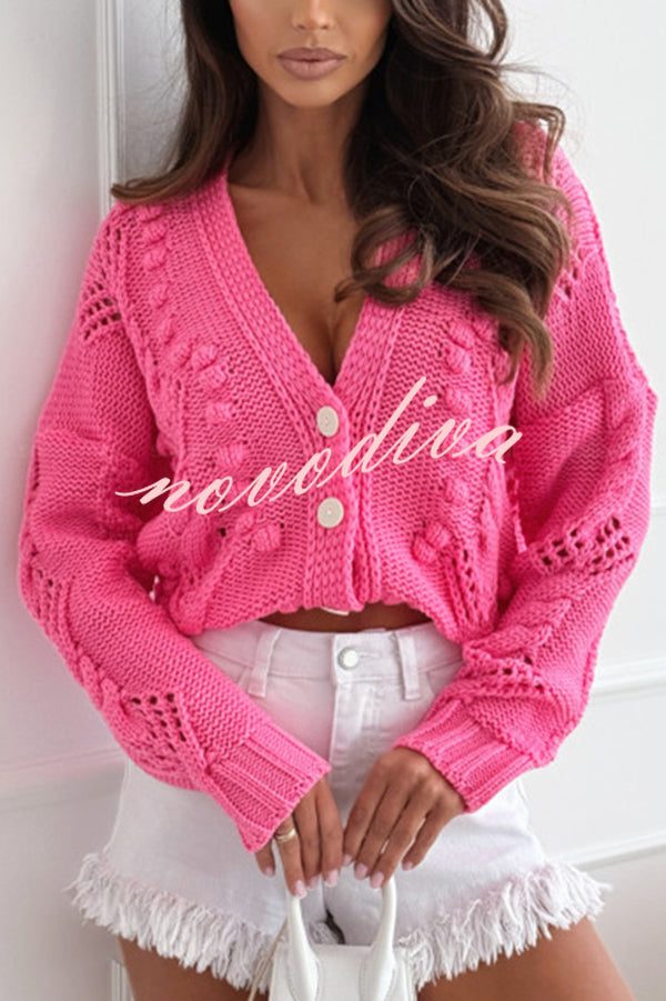 Fashion Hollow Long Sleeve V-neck Button Loose Knitted Cardigan