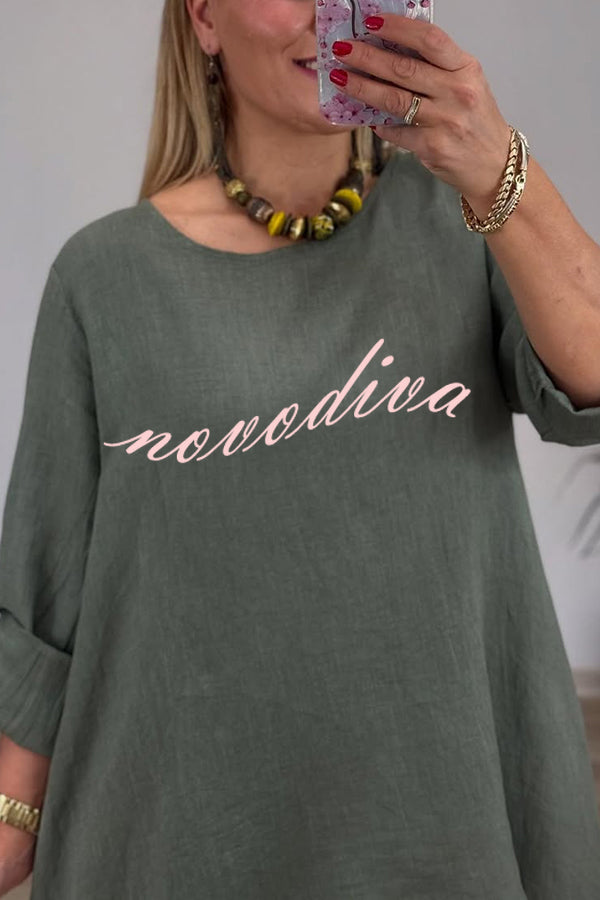 Linen Blend Crew Neck Long Sleeve Irregular Loose Top and Elastic Waist Floral Print Casual Pocket Set