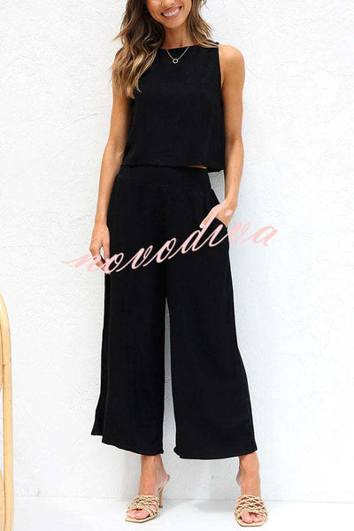 Khiara Basic Button Crop Top and Pocketed Pants Set