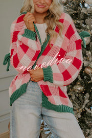 Holiday Cozy Checkered Knit Color-blocked Plaid Bow Long-sleeved Cardigan