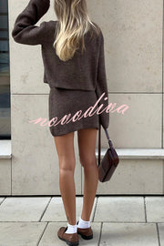 Fashion Lapel Bell Sleeve Knitted Cardigan and Casual Mini Skirt Set