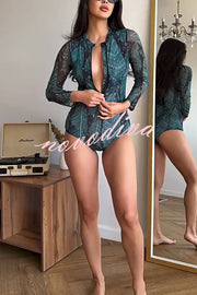 Unique Print One-piece Swimsuit and Cardigan and High Rise Pants Three-piece Set