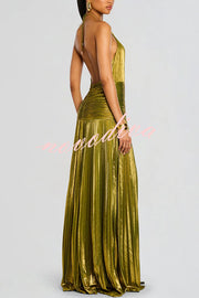 Glamorous Metallic Pleated Fabric Open Back Halter Slit Maxi Dress