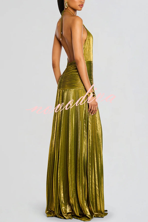 Glamorous Metallic Pleated Fabric Open Back Halter Slit Maxi Dress