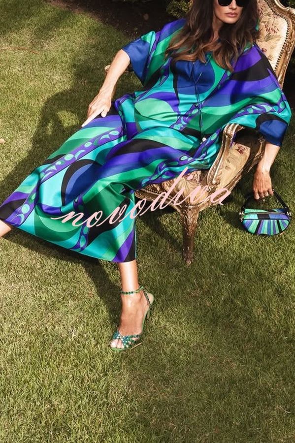 Holiday Choice Satin Unique Print Drape Wide Sleeve Loose Kaftan Maxi Dress