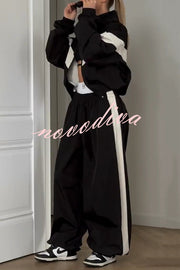 Fashionable Contrasting Long-sleeved Loose Coat and Elastic Waist Wide-leg Pants Set