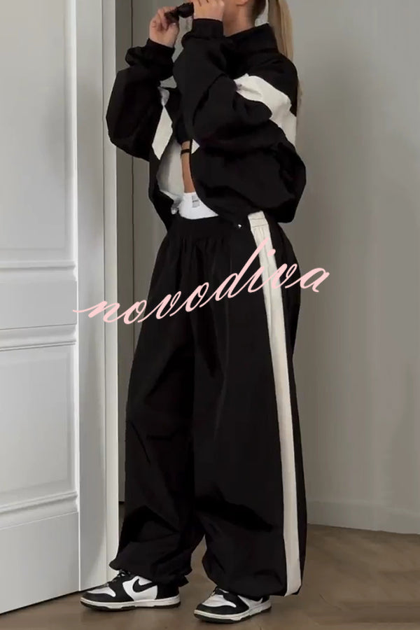 Fashionable Contrasting Long-sleeved Loose Coat and Elastic Waist Wide-leg Pants Set