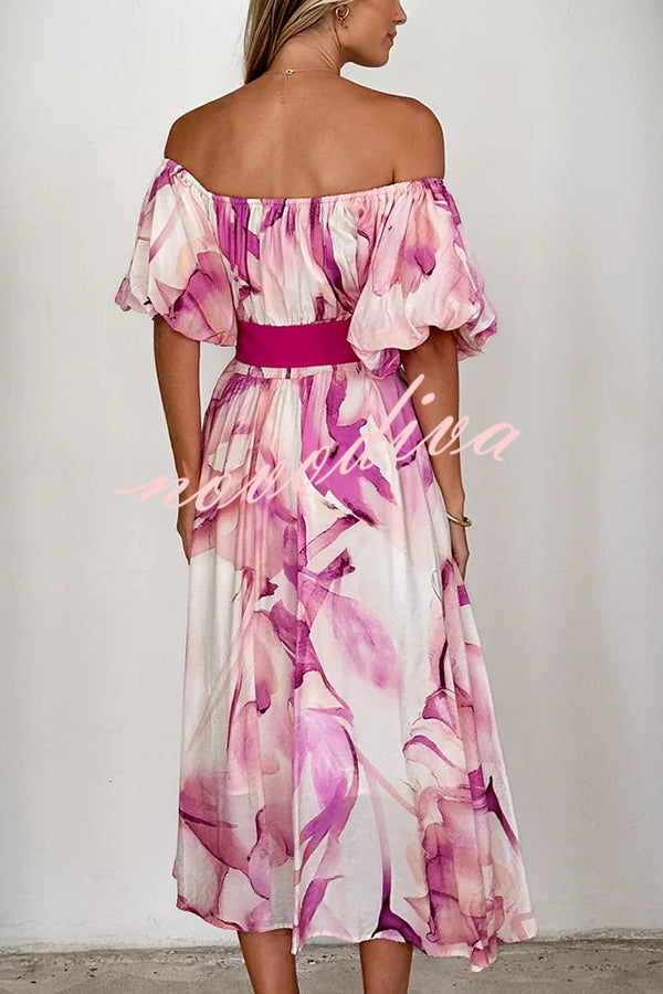 Floral Print Elegant Puff Sleeve Tie-Waist Midi Dress