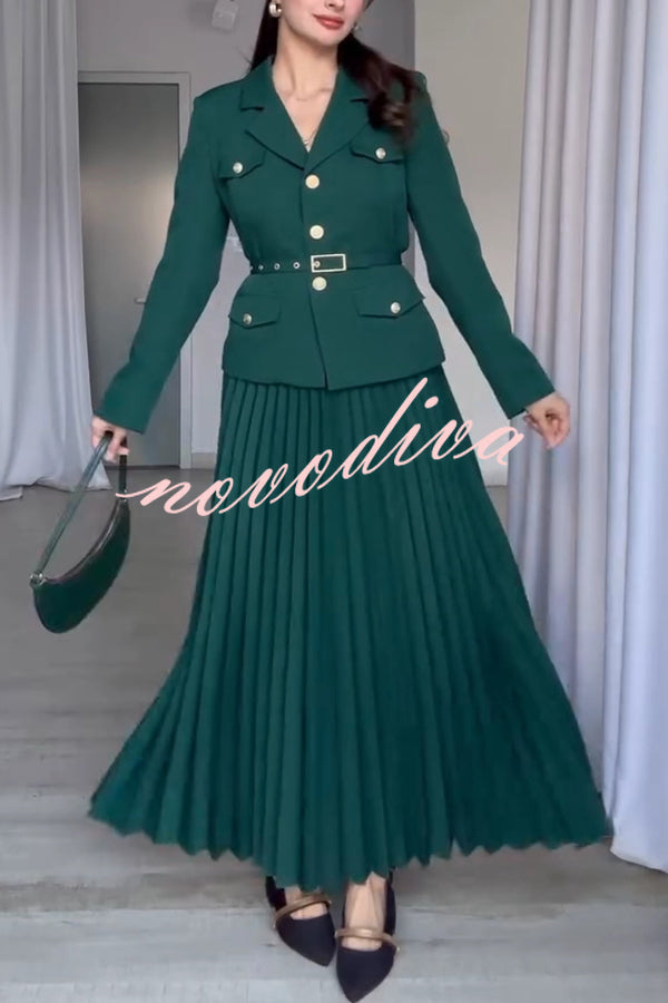 Solid Color Lapel Button Belt Blazer and Pleated Casual Maxi Skirt Set