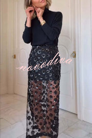 Gorgeous Flower Embellished Sequin Sheer High Rise Slit Midi Skirt